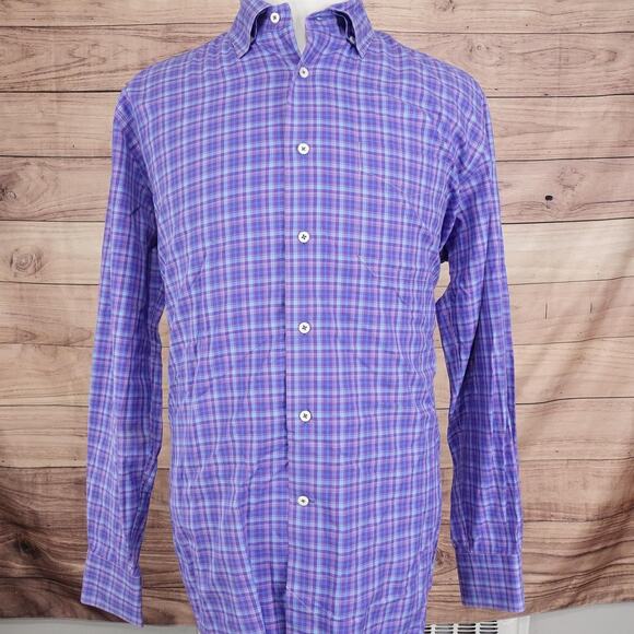 David Donahue Shirt Mens XL Purple Blue Plaid Long Sleeve Button Front Cotton - Picture 3 of 11